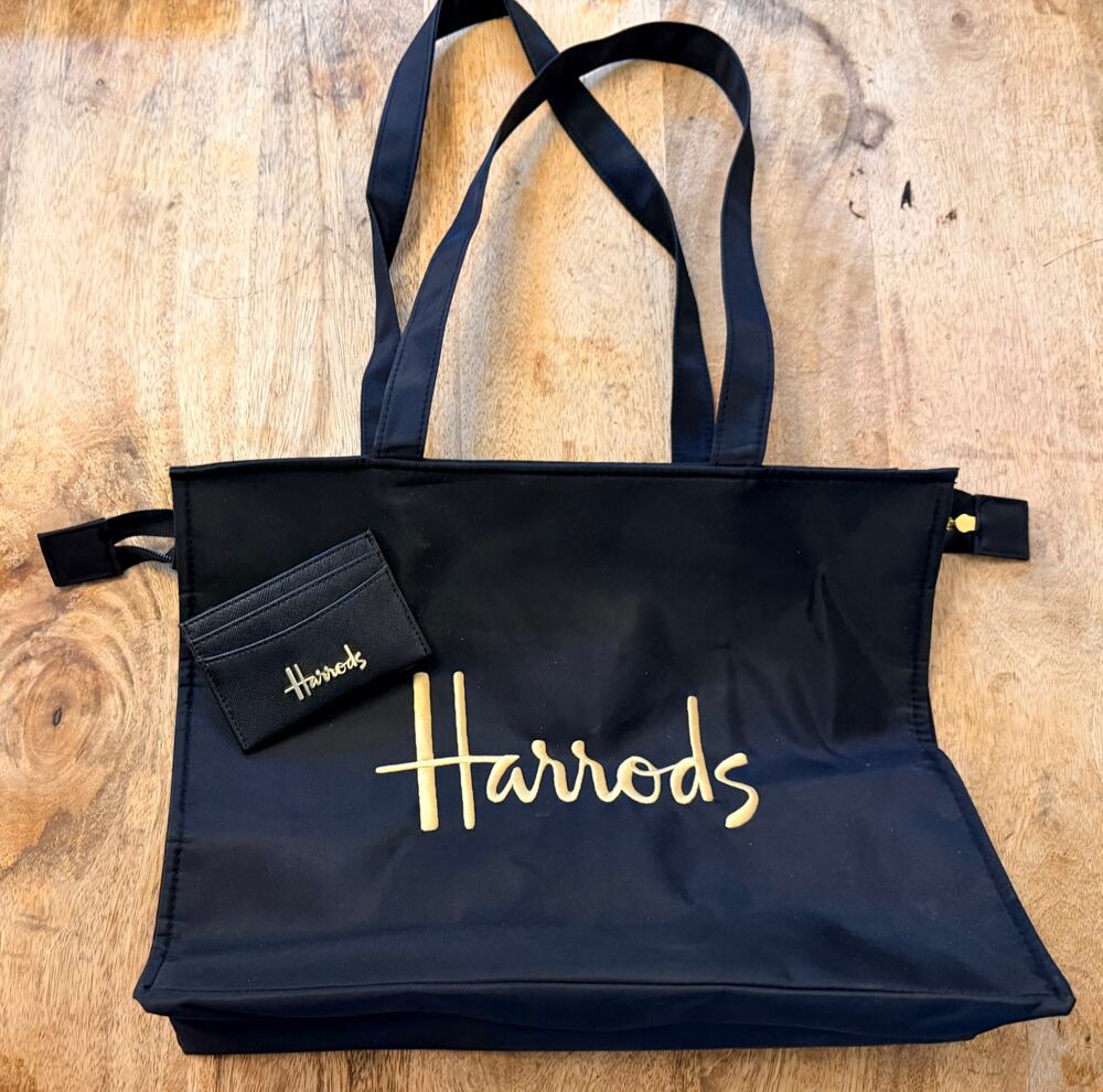 Harrods Black Large Fabric Zippered Tote Bag and Card Wallet Gold Embroidered